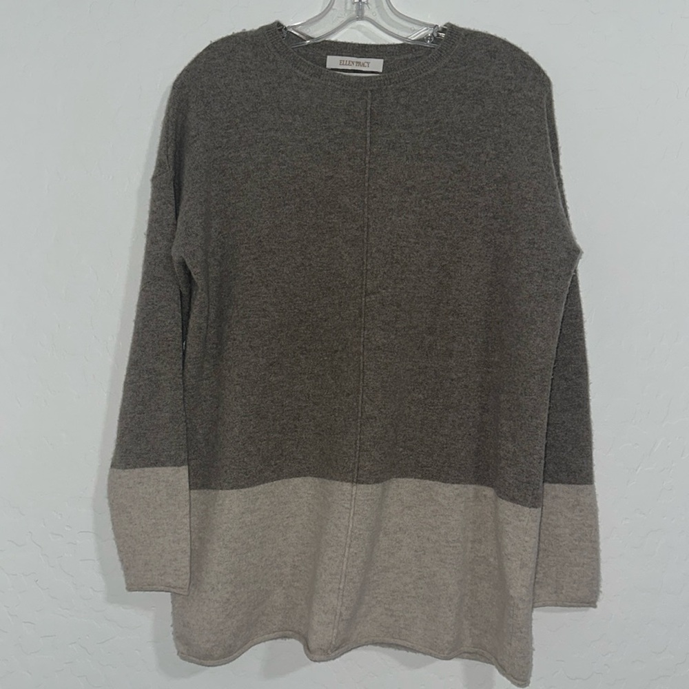 ELLEN TRACY 100% CASHMERE COLOR BLOCK CREW NECK SWEATER TAUPE/OATMEAL COLOR Sz S
